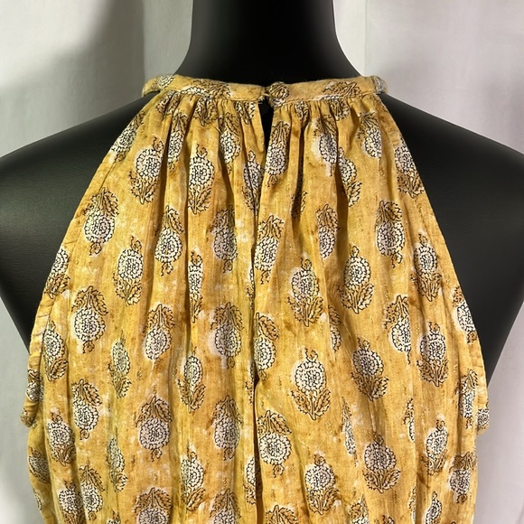 Maijin Yellow Metallic Gold Floral Print Sleeveless Smocked Waist Midi Dress - Picture 12 of 16